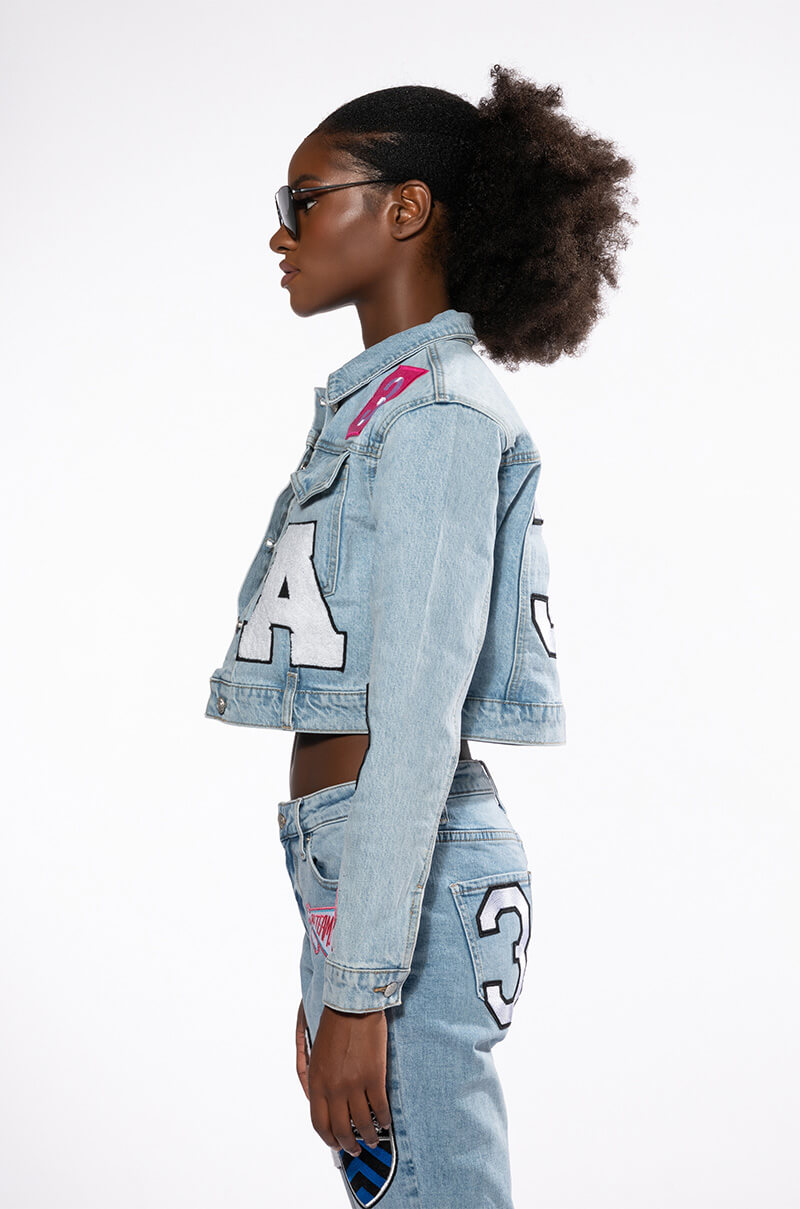 Extra View Collegiate Out Of Your League Patched Denim Jacket