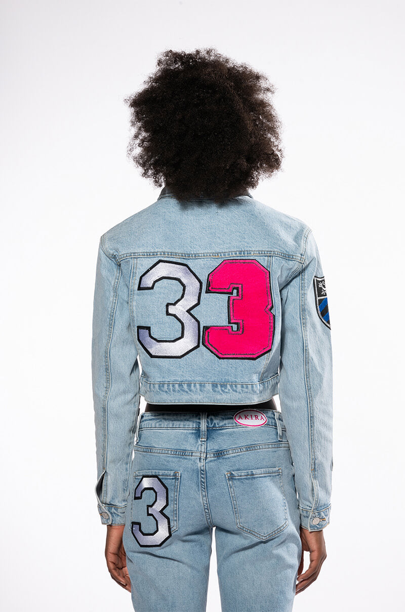 Extra View Collegiate Out Of Your League Patched Denim Jacket