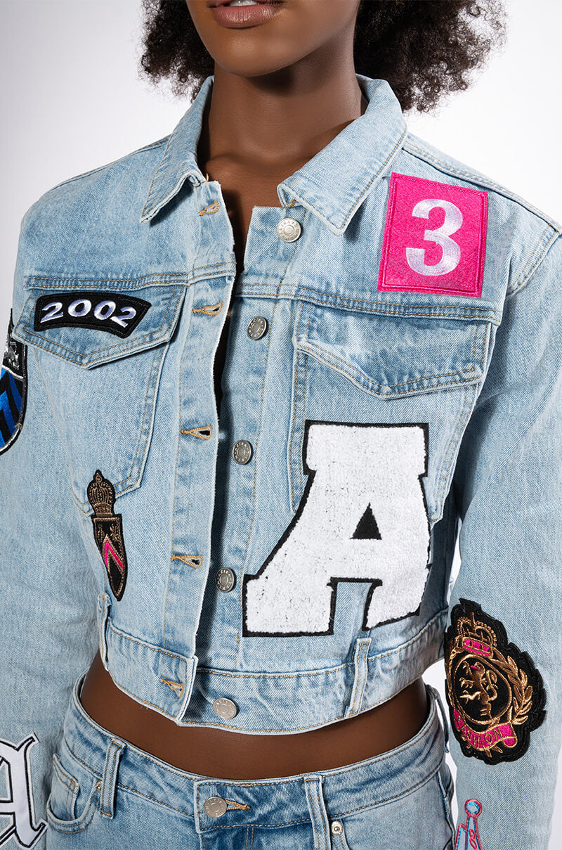 Extra View Collegiate Out Of Your League Patched Denim Jacket