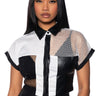 Front View Color Blocked Faux Leather Button Down