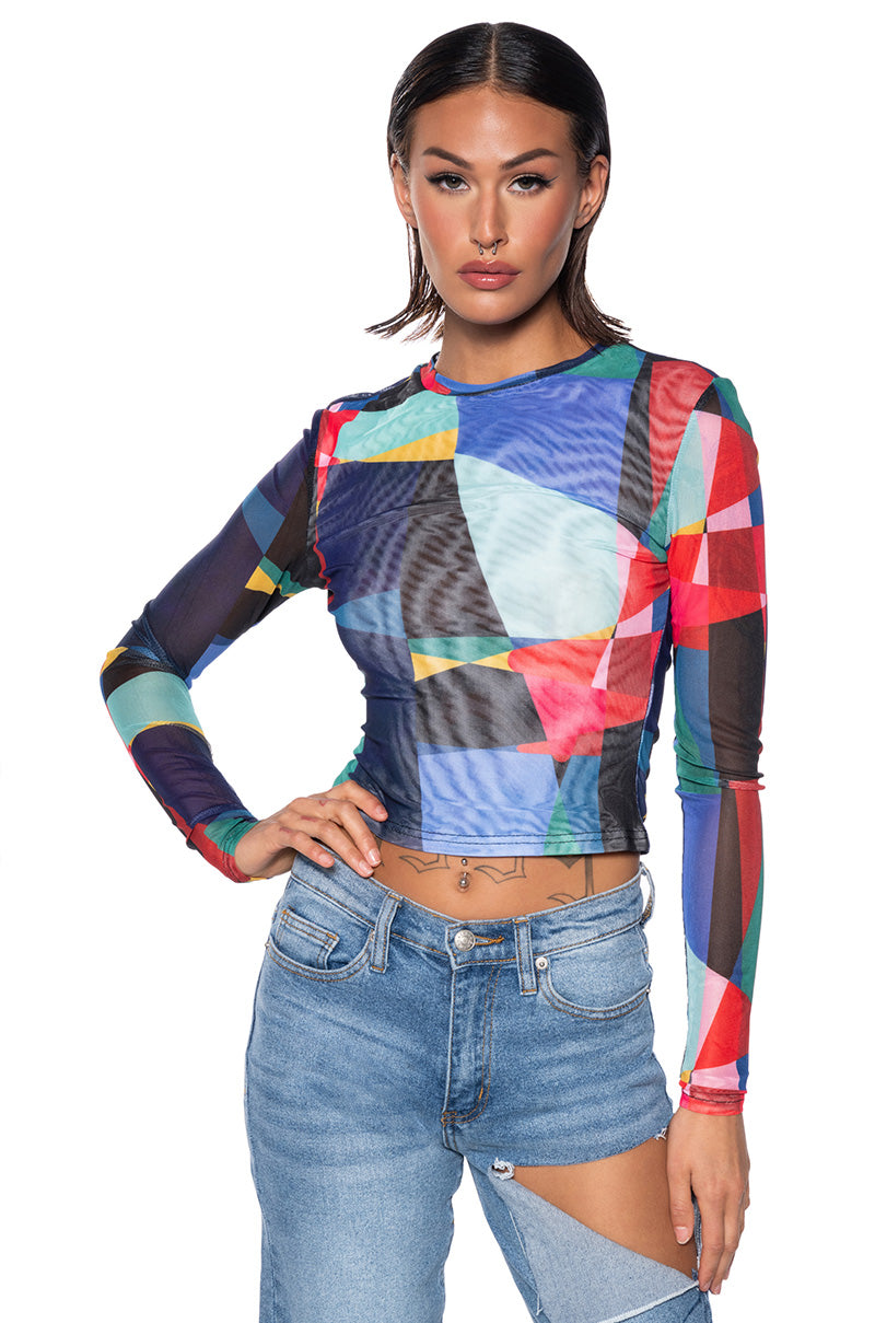 Front View Color Me Pretty Long Sleeve Mesh Top 0