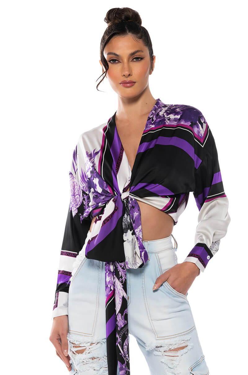 Front View Colorful Tie Front Satin Blouse view 1