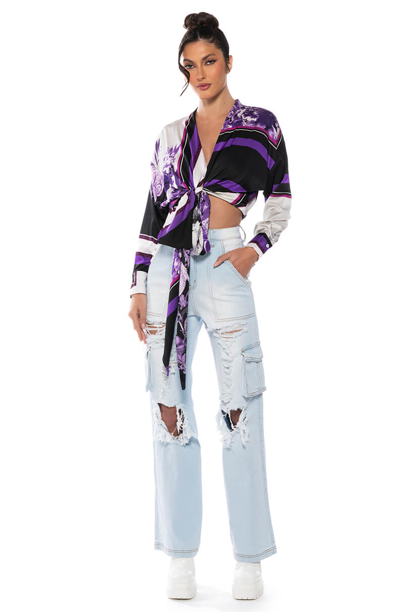 Side View Colorful Tie Front Satin Blouse view 2