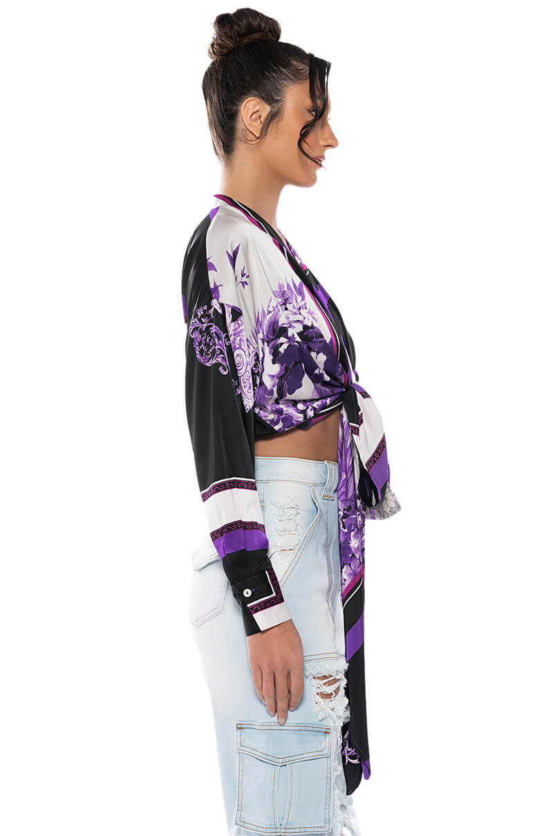 Back View Colorful Tie Front Satin Blouse