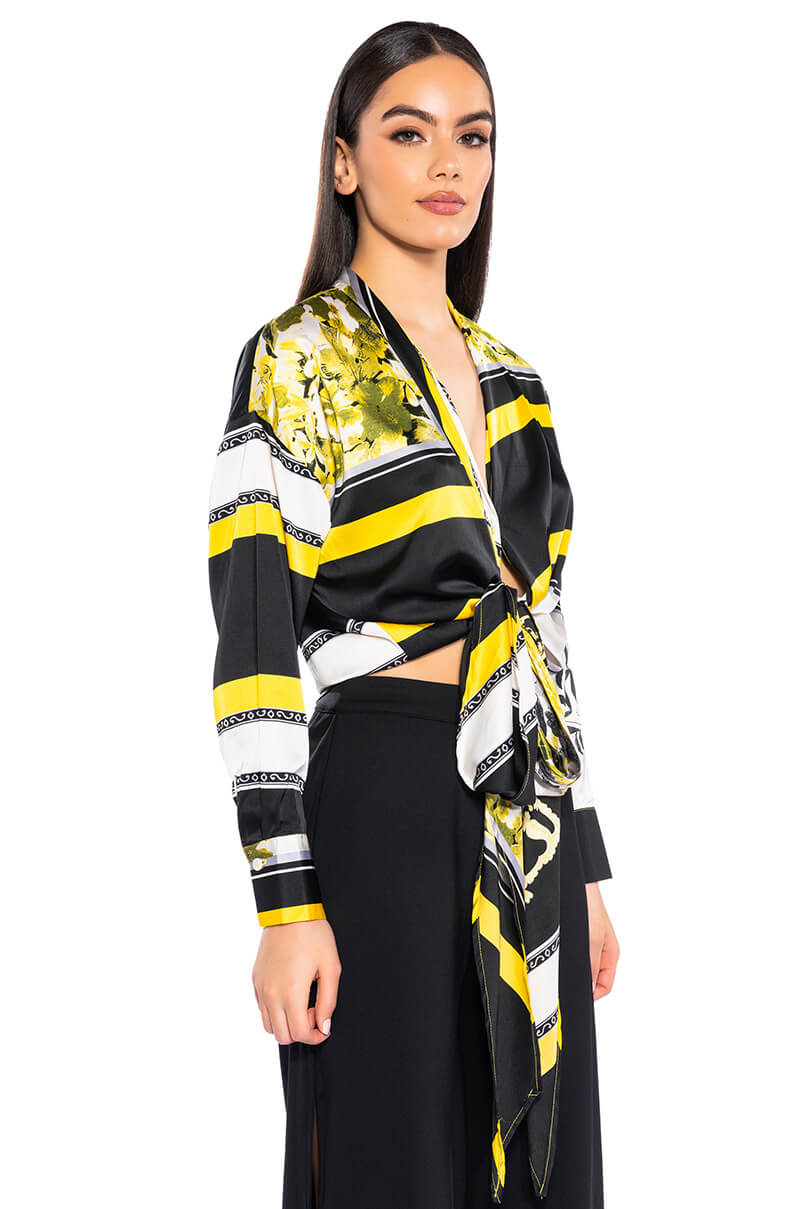 Side View Colorful Tie Front Satin Blouse view 2