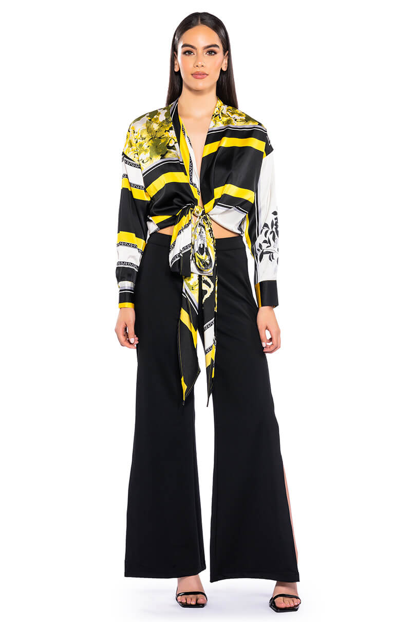 Back View Colorful Tie Front Satin Blouse view 3