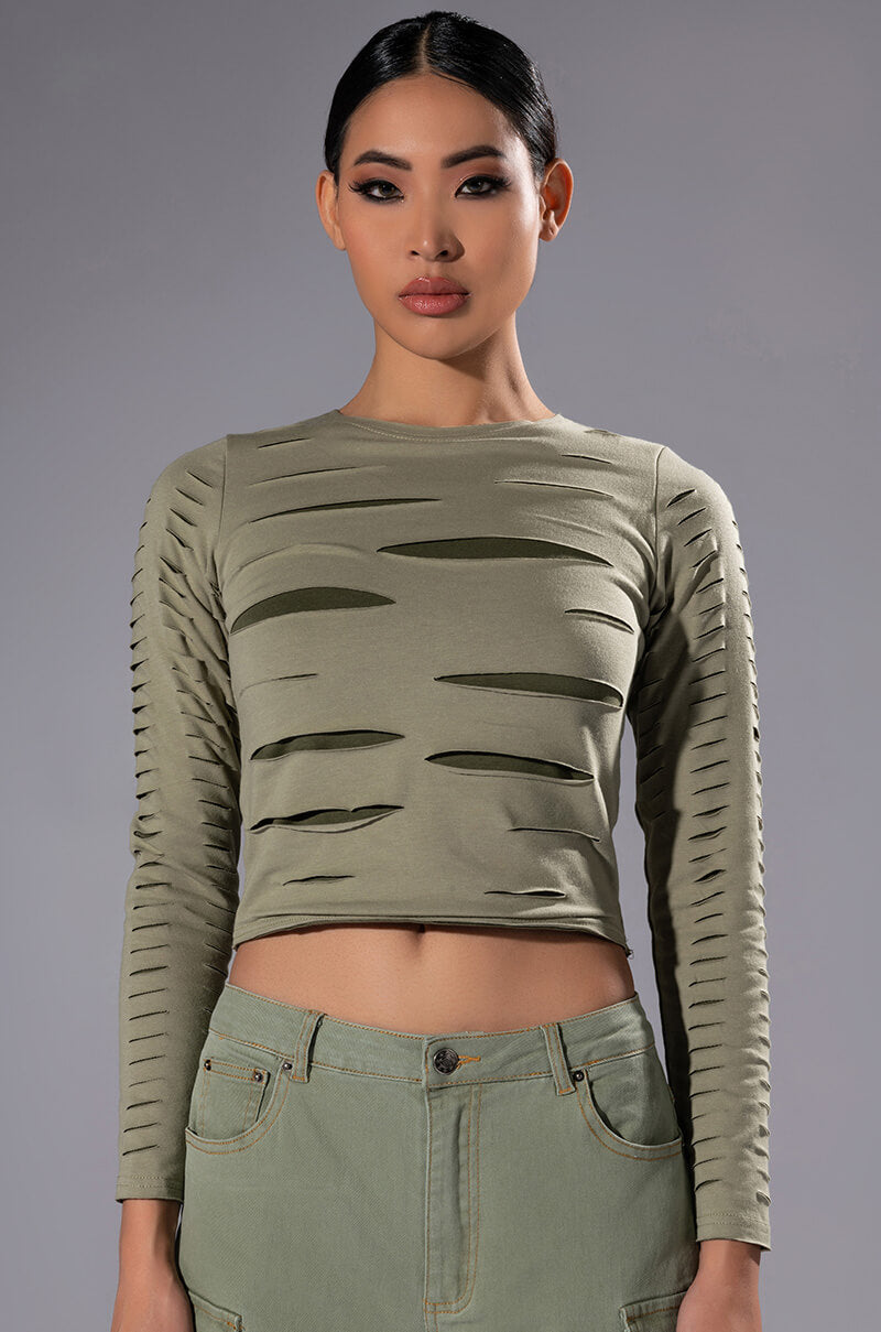 Front View Come Around Distressed Long Sleeve Top