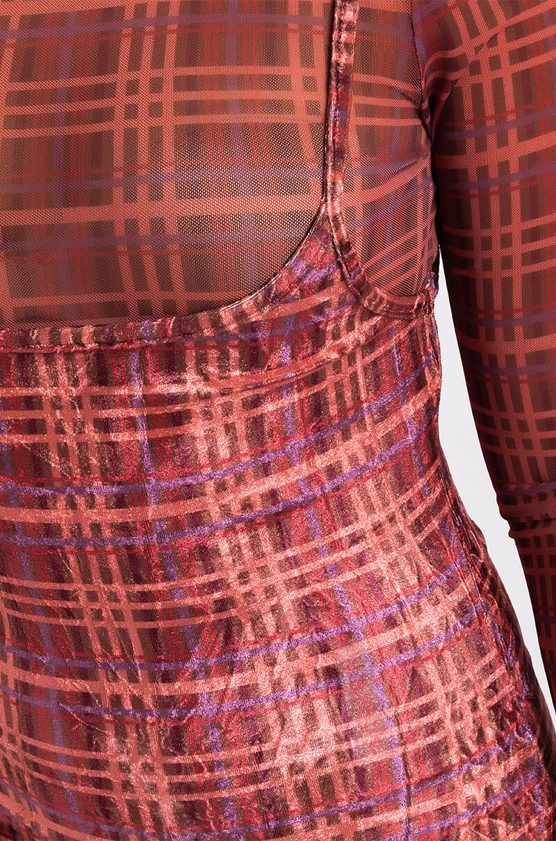 Detail View Come Here Lover Boy Extended Straps High Slit Velvet Skirt in Orange Multi