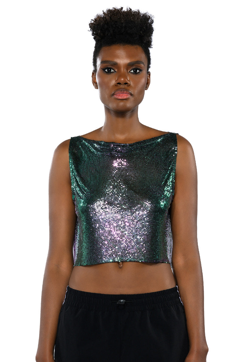 Back View Come My Way High Shine Chainmail Tank Top