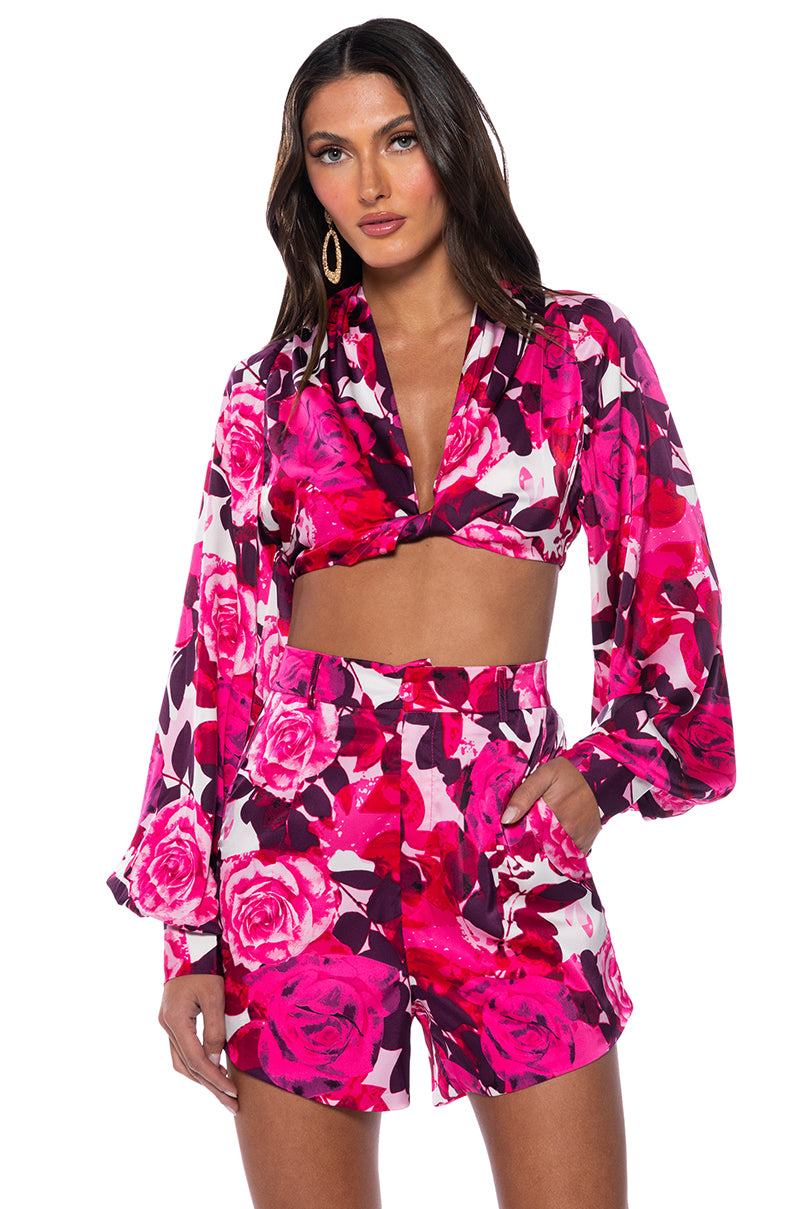 Front View Come My Way Twist Front Ultra Cropped Blouse In Pink Floral