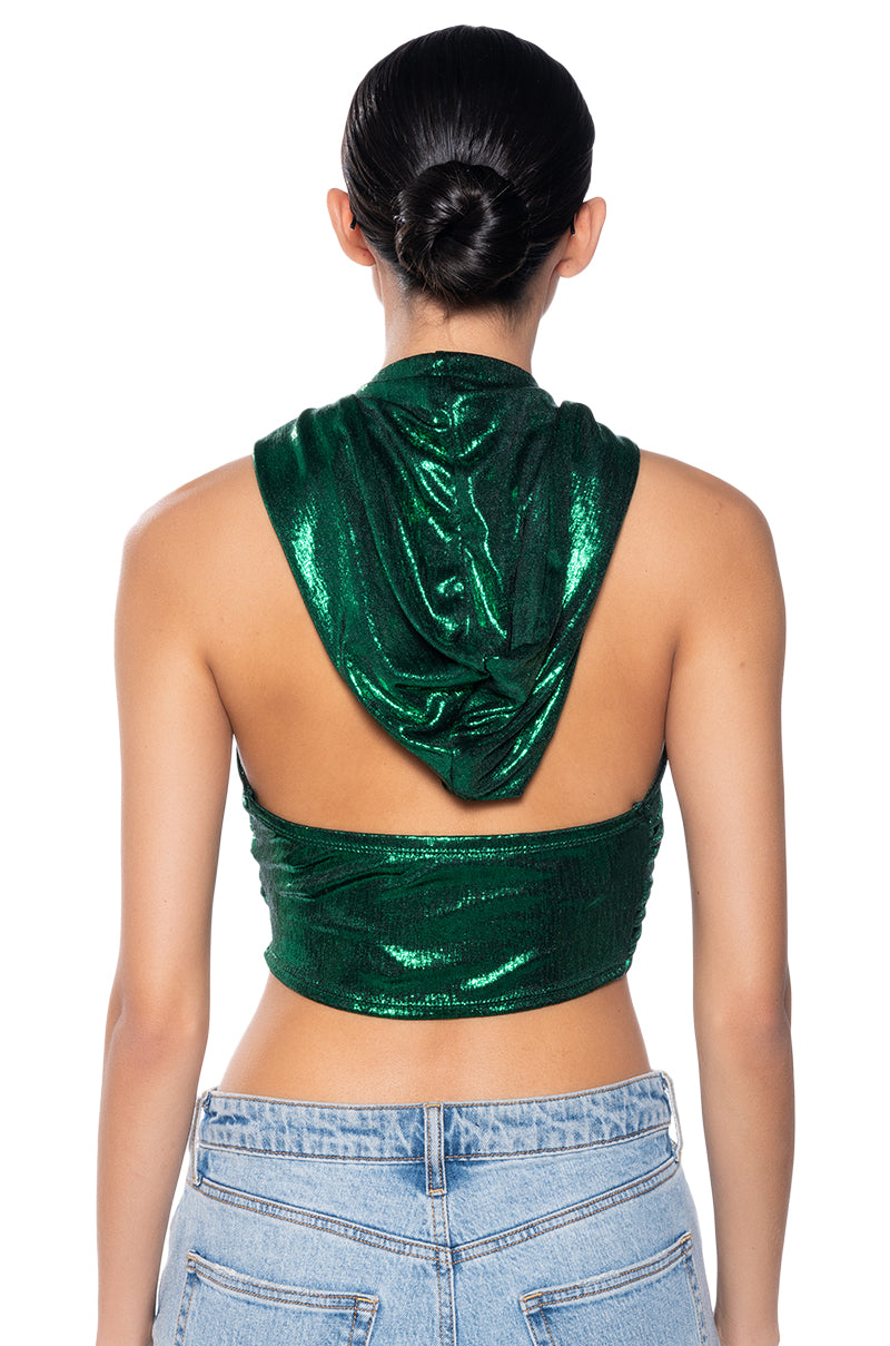 Extra View Come Through Hooded Metallic Crop Top
