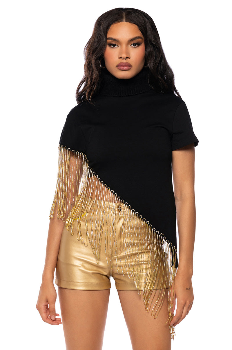 Front View Come Thru Asymmetrical Rhinestone Fringe Turtleneck Top