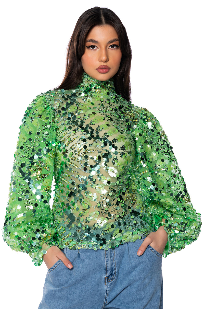 Front View Confetti Long Sleeve Mock Neck Blouse In Light Green