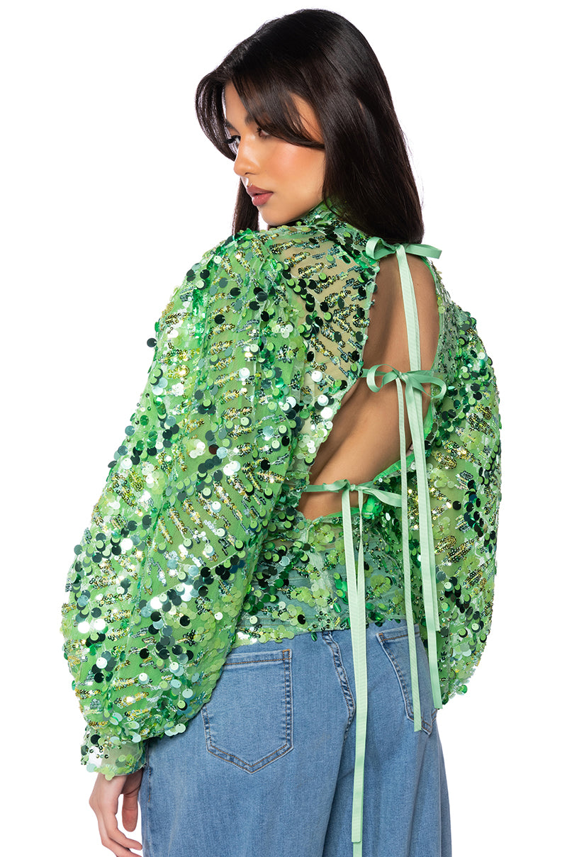 Back View Confetti Long Sleeve Mock Neck Blouse In Light Green