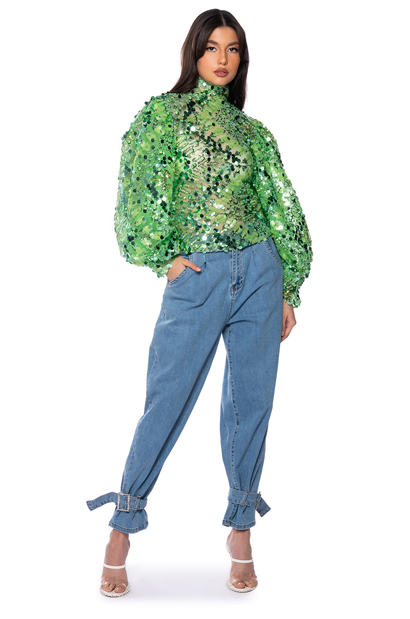 Detail View Confetti Long Sleeve Mock Neck Blouse In Light Green