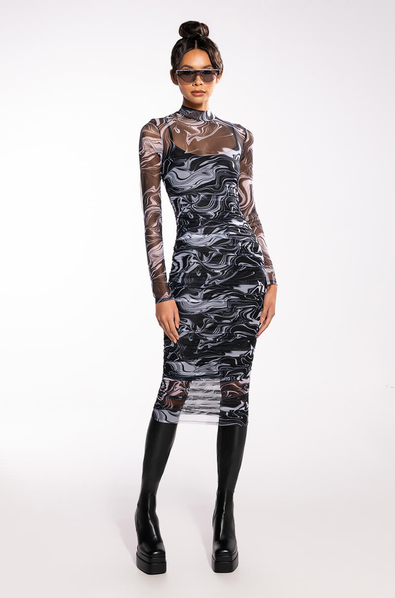 ruched mesh midi dress long sleeve CONFIDENCE IS KEY LONG SLEEVE RUCHED MESH MIDI DRESS – AKIRA
