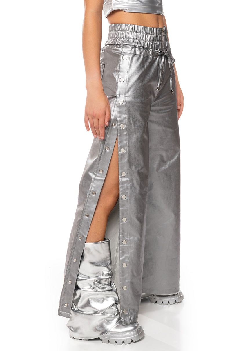 Front View Constellation Wide Leg Snap Pants In Silver