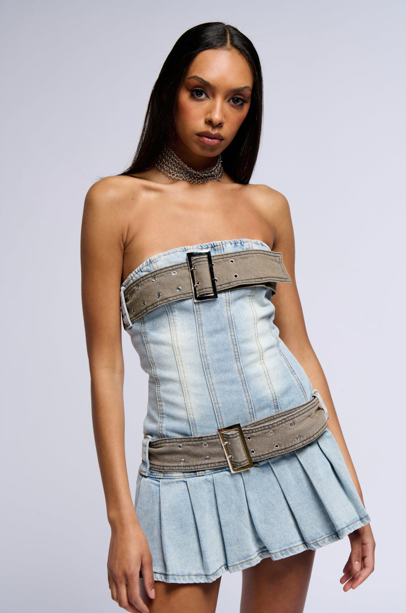 Side View Cool Girl Club Belted Denim Mini Dress