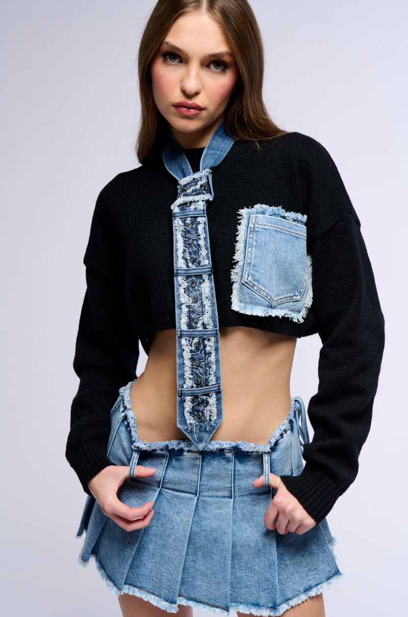 COOL GIRL KNIT DENIM CROPPED SWEATER - Main Image