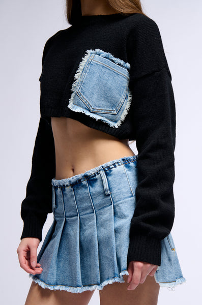 [ NERDY ]★WOMEN'S DENIM CROPPED TRUCKER TRACK SKIRT SET cool-girl-knit-denim-cropped-