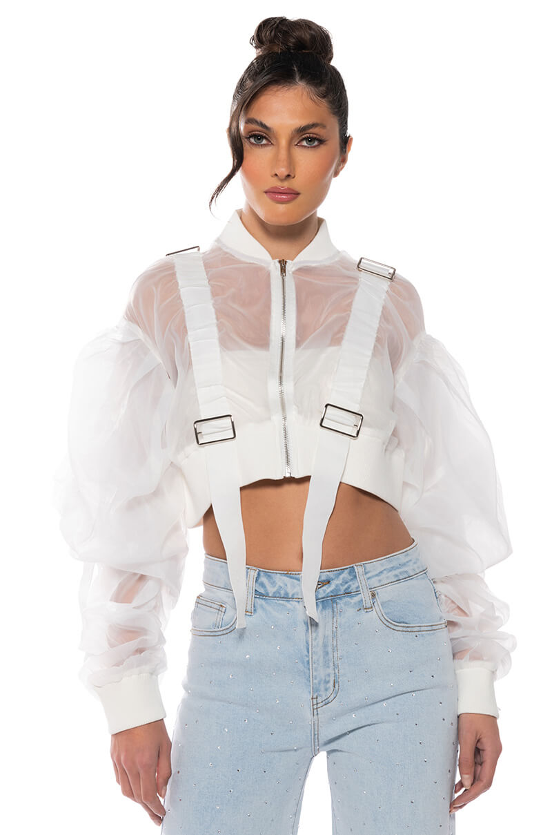 Front View Cool Kids Mesh Gathered Crop Bomber