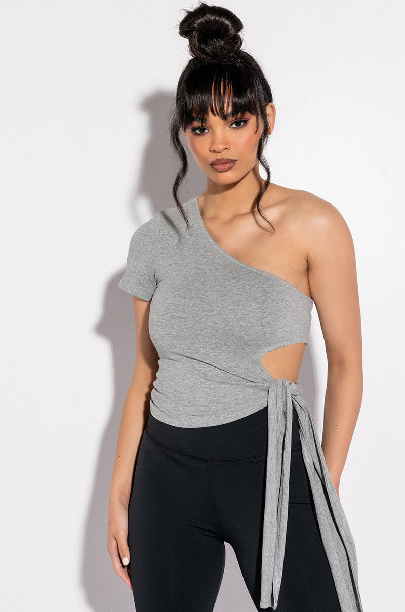 Front View Cora One Shoulder Cut Out Side Tie T Shirt