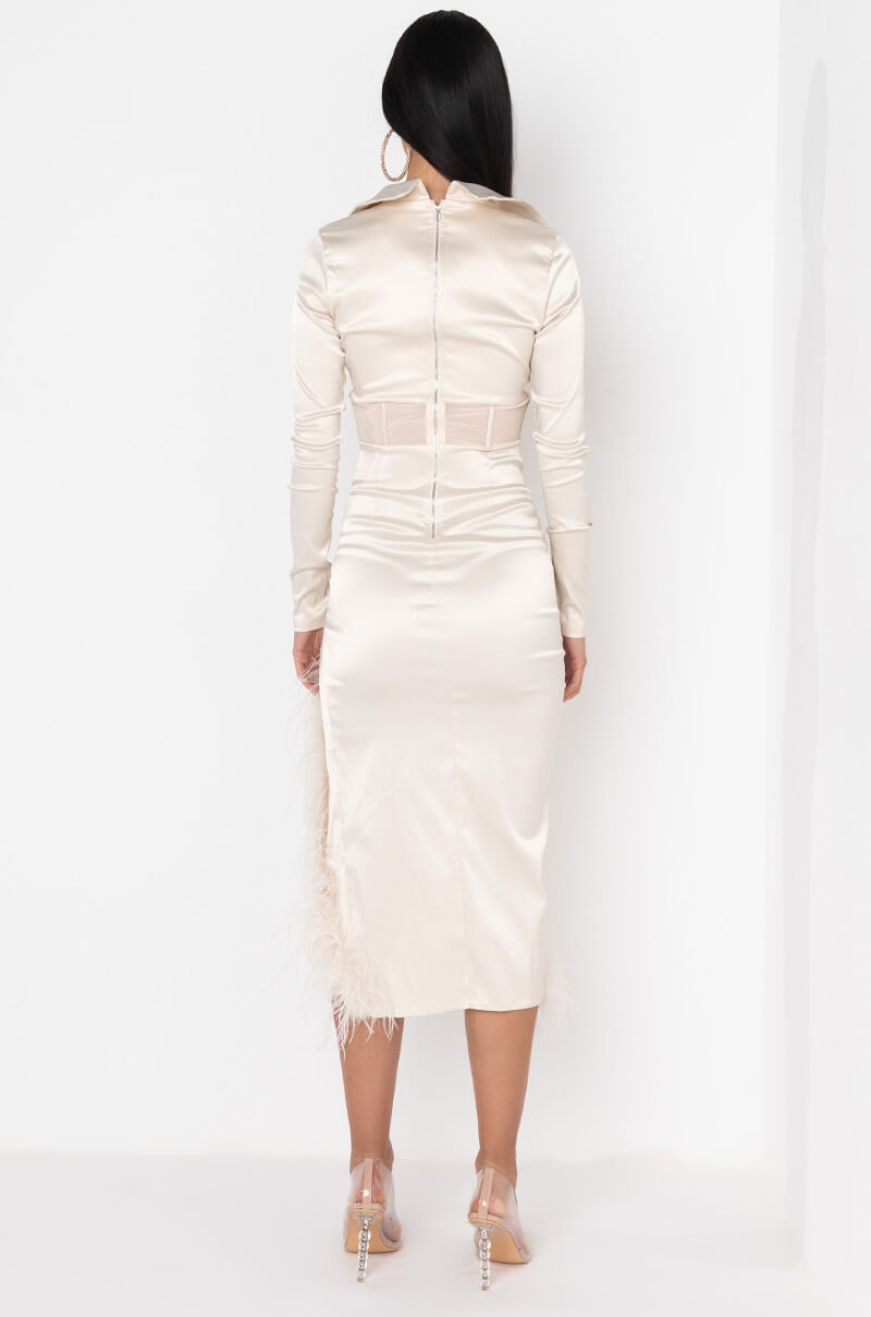 Detail View Corset Detail Satin Real Feather Midi Dress