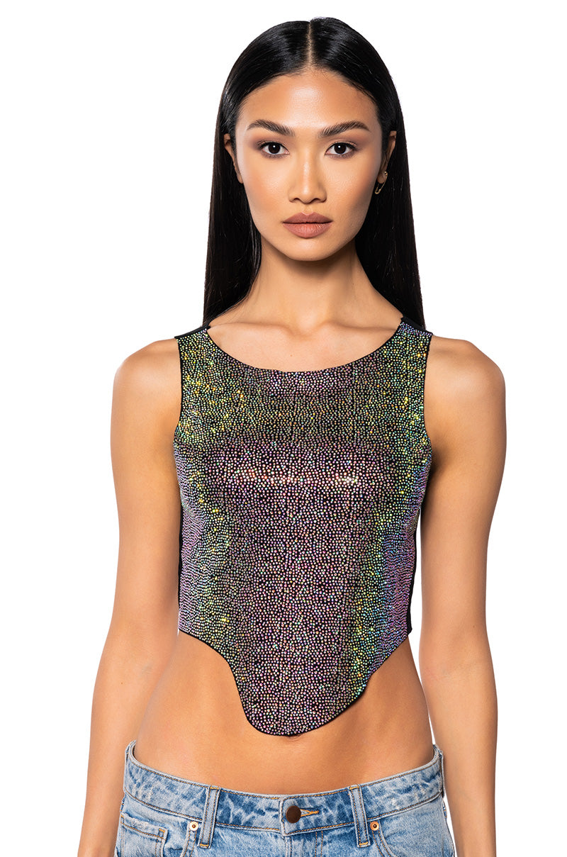 COSMIC ENERGY CROPPED CUT OFF RHINESTONE TANK IN BLACK view 0