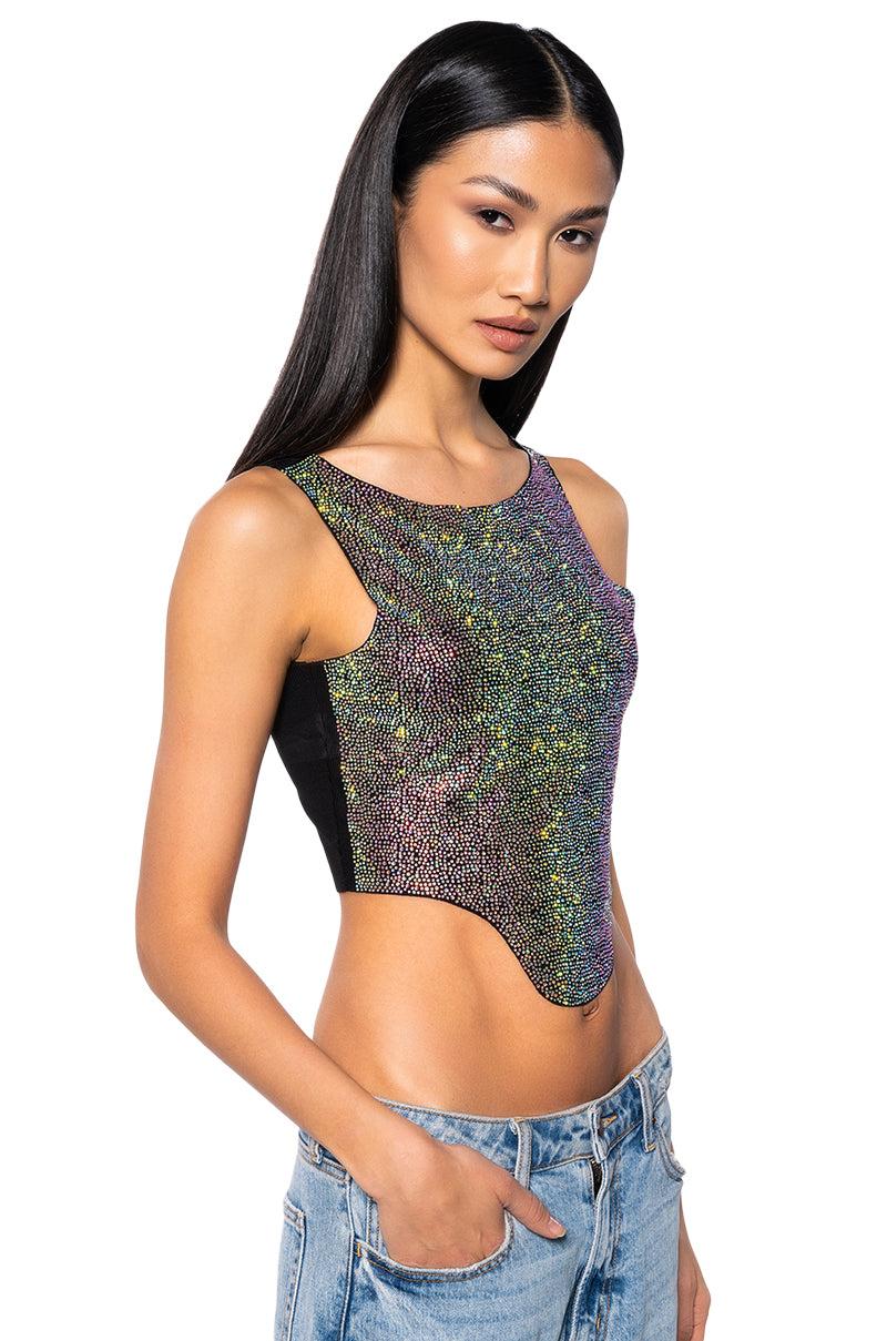 Side View Cosmic Energy Cropped Cut Off Rhinestone Tank In Black