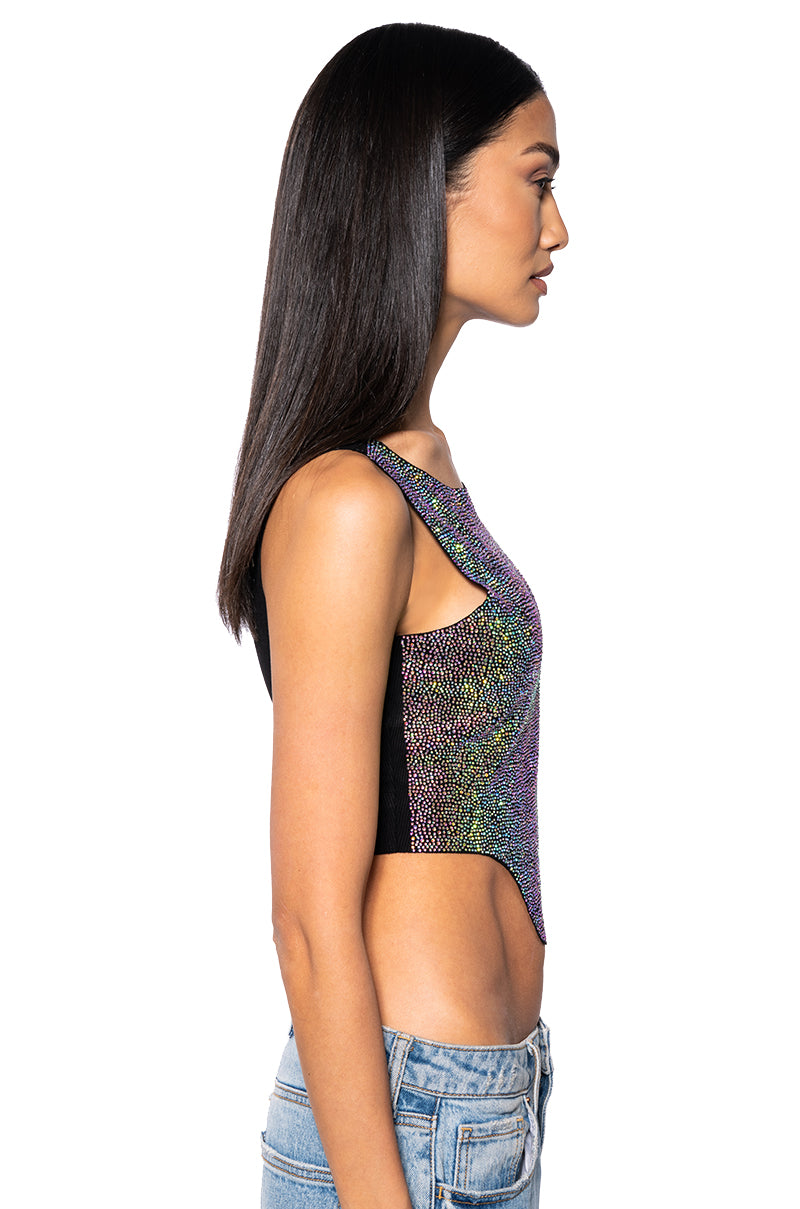 Detail View Cosmic Energy Cropped Cut Off Rhinestone Tank In Black