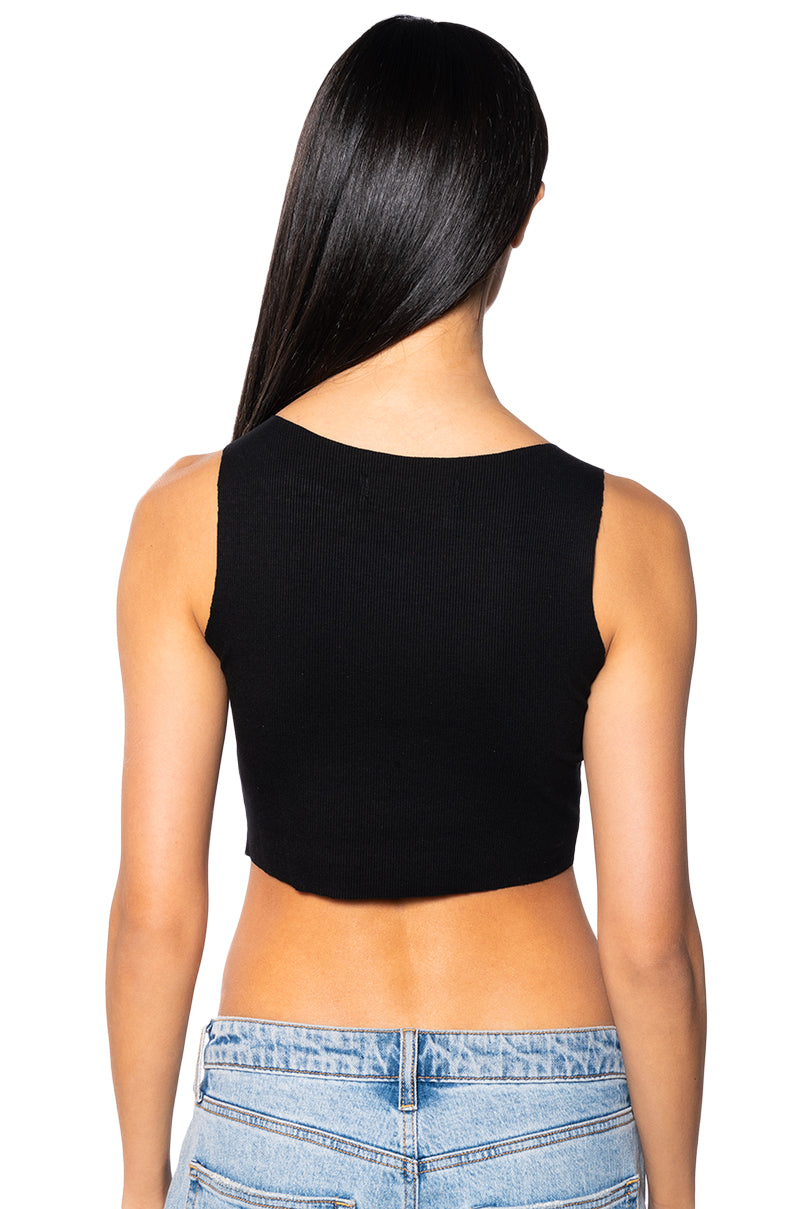 Full View Cosmic Energy Cropped Cut Off Rhinestone Tank In Black