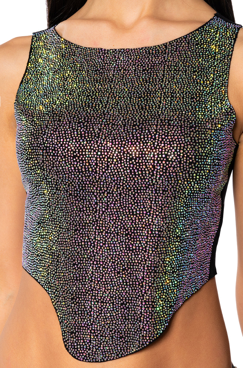 Extra View Cosmic Energy Cropped Cut Off Rhinestone Tank In Black