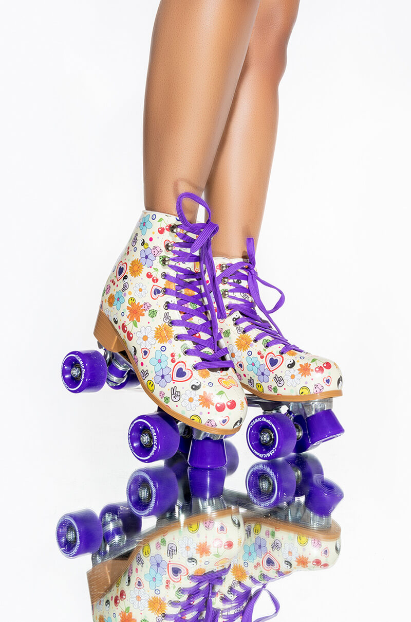 Front View Cosmic Skates Funky Floral Print Roller Skates