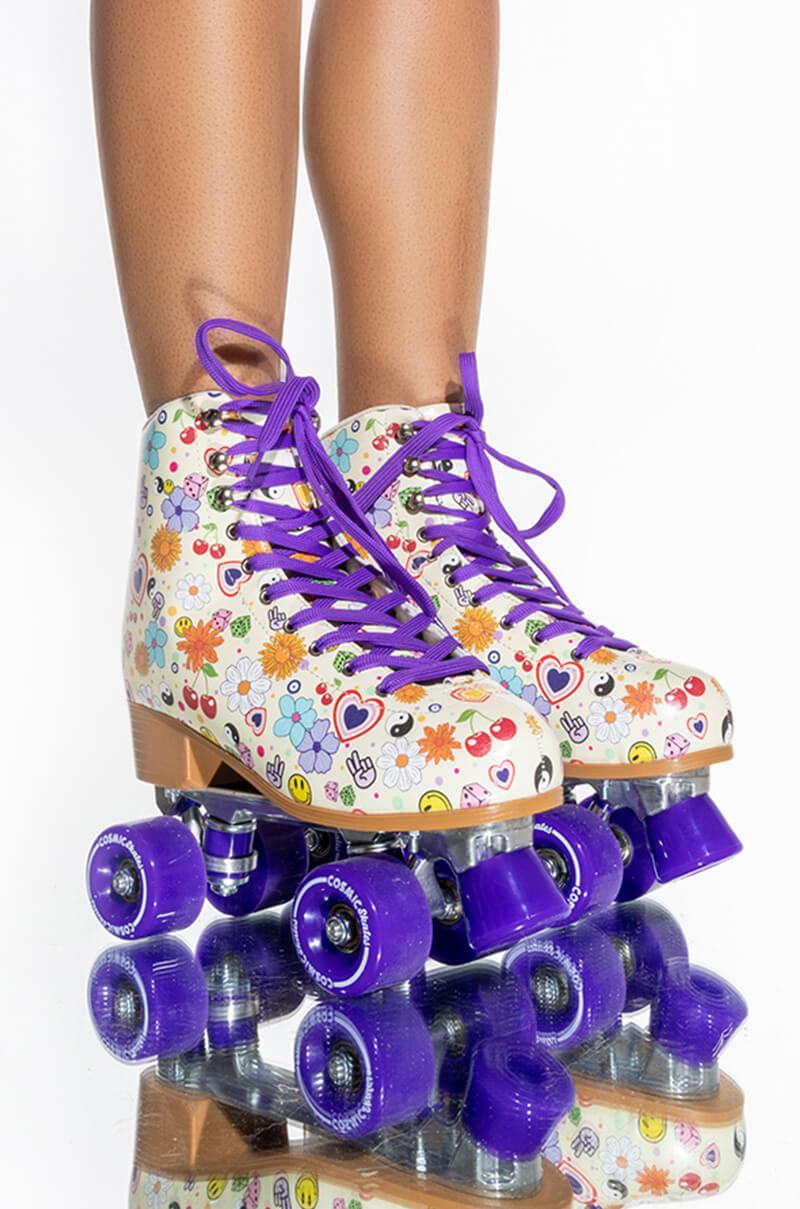 Side View Cosmic Skates Funky Floral Print Roller Skates