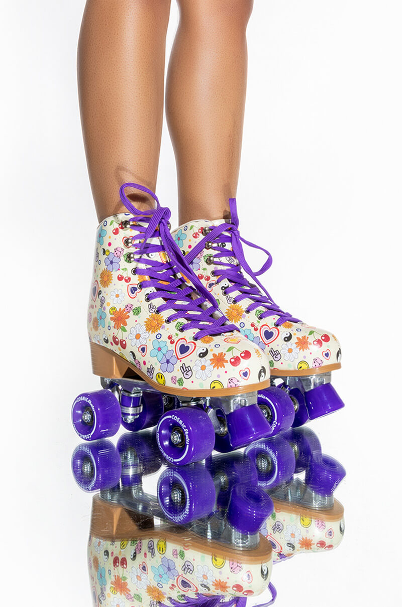 Side View Cosmic Skates Funky Floral Print Roller Skates
