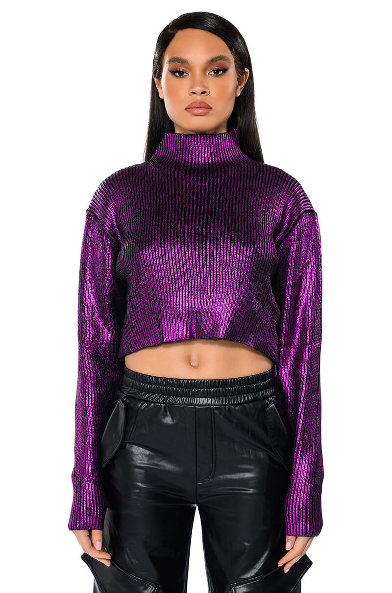 Front View Cosmo Metallic Coated Crop Turtleneck Sweater