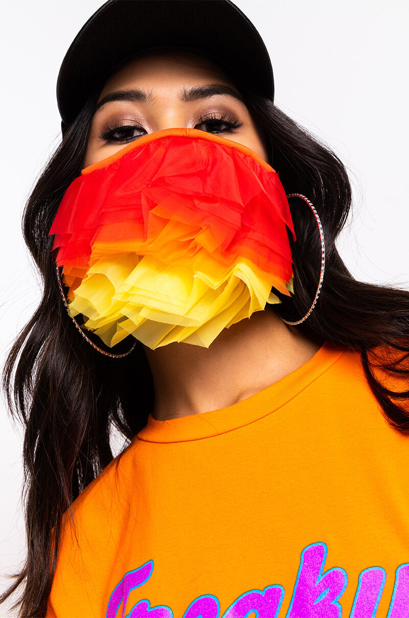 Front View Cotton Candy Dreams Ruffle Fashion Face Cover in Red Multi
