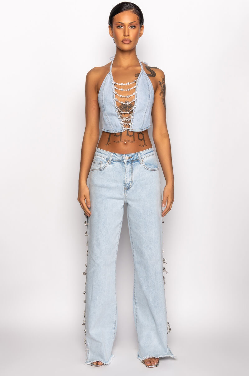 Extra View Covered In Diamonds Denim Plunge Crop Top 9