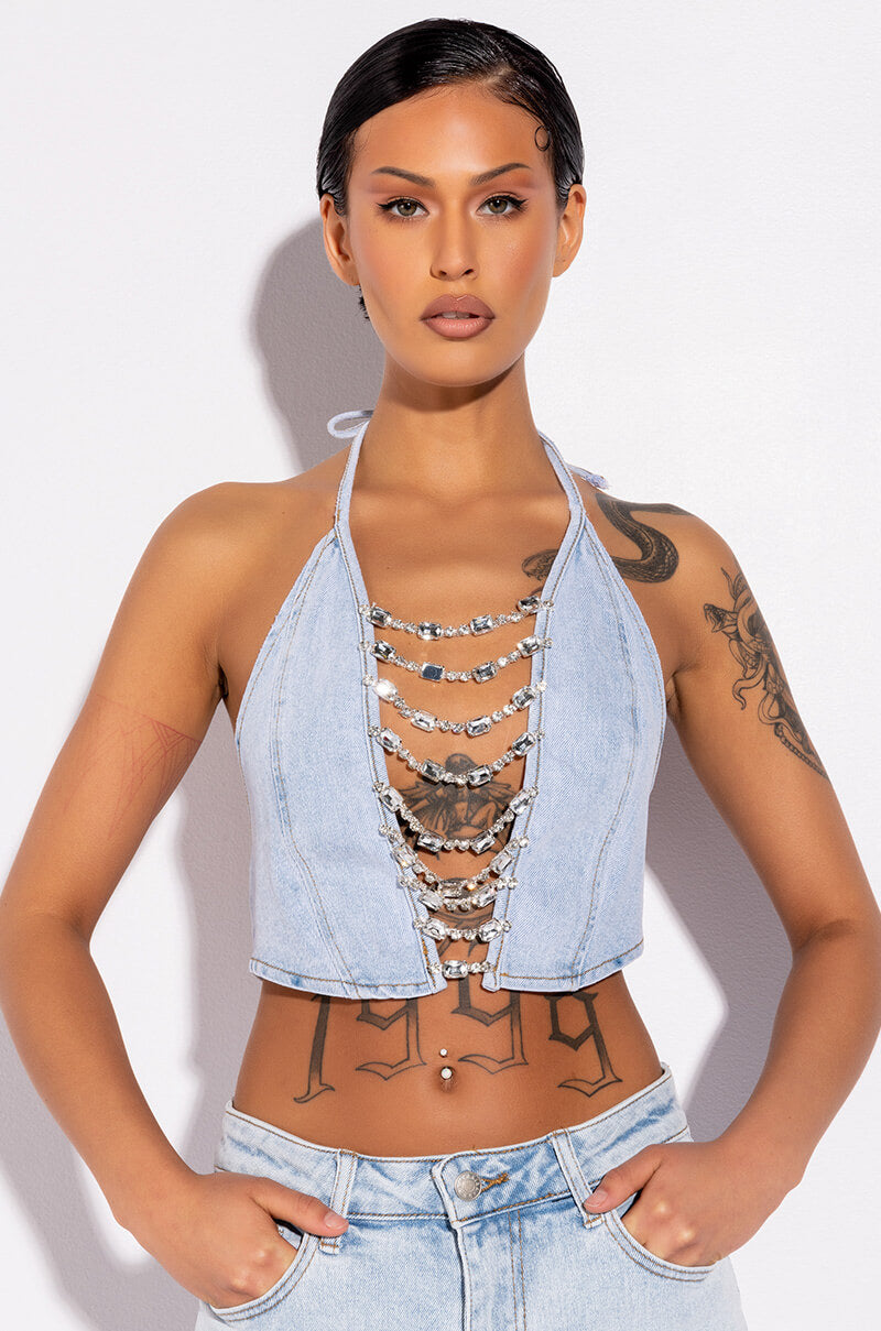 Front View Covered In Diamonds Denim Plunge Crop Top 0