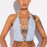 Front View Covered In Diamonds Denim Plunge Crop Top