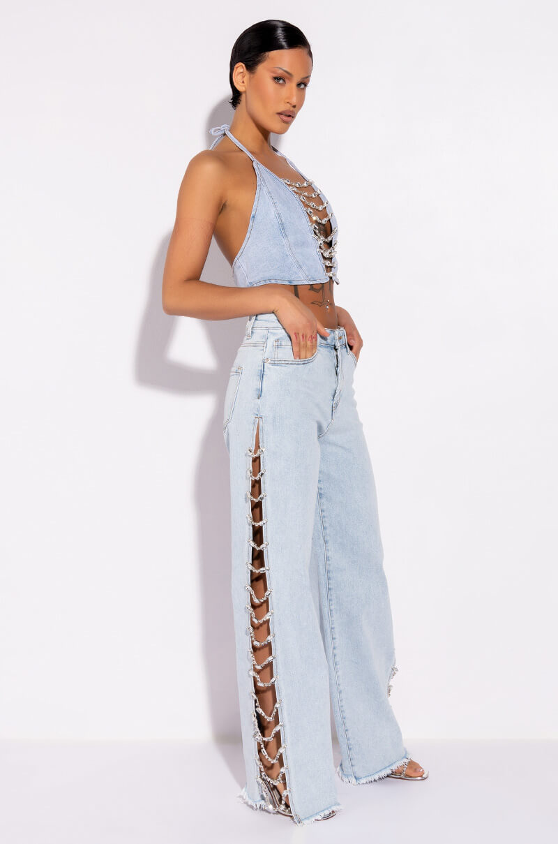 Back View Covered In Diamonds Denim Plunge Crop Top 2