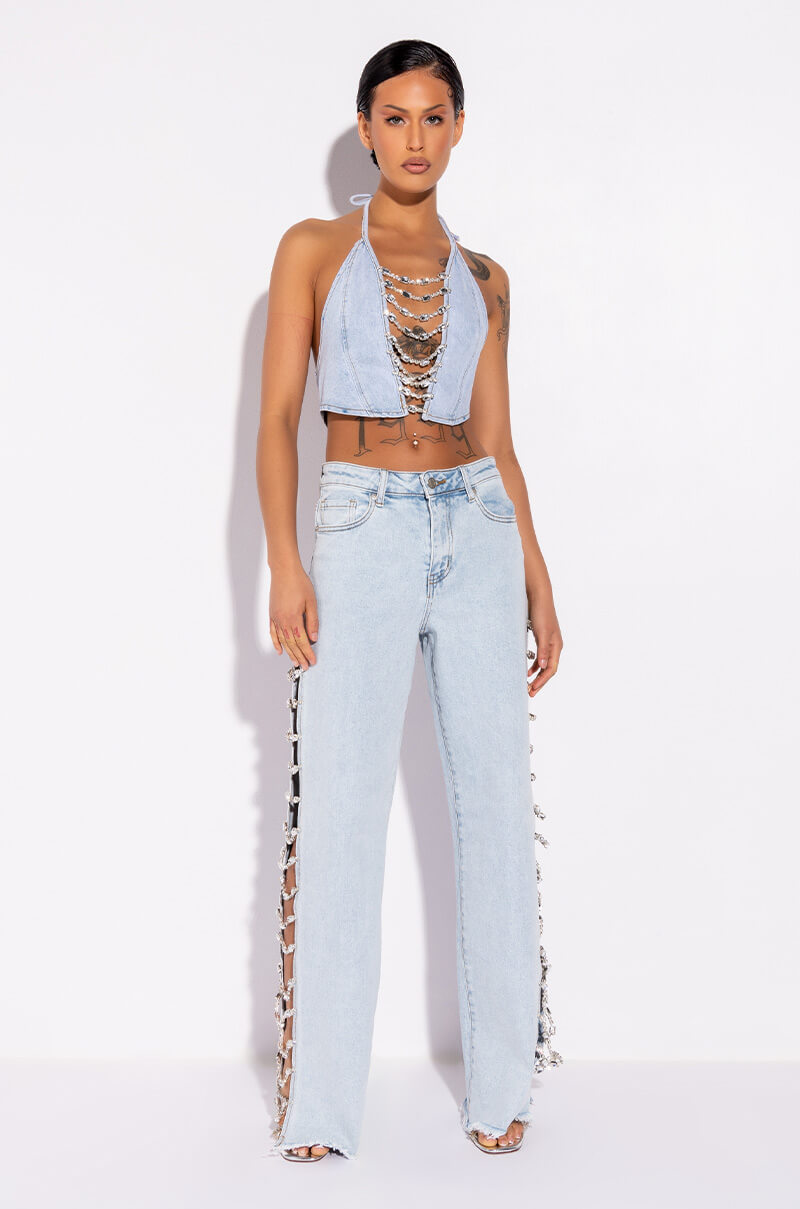 Detail View Covered In Diamonds Denim Plunge Crop Top 3