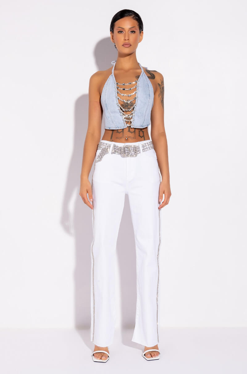 Full View Covered In Diamonds Denim Plunge Crop Top 4
