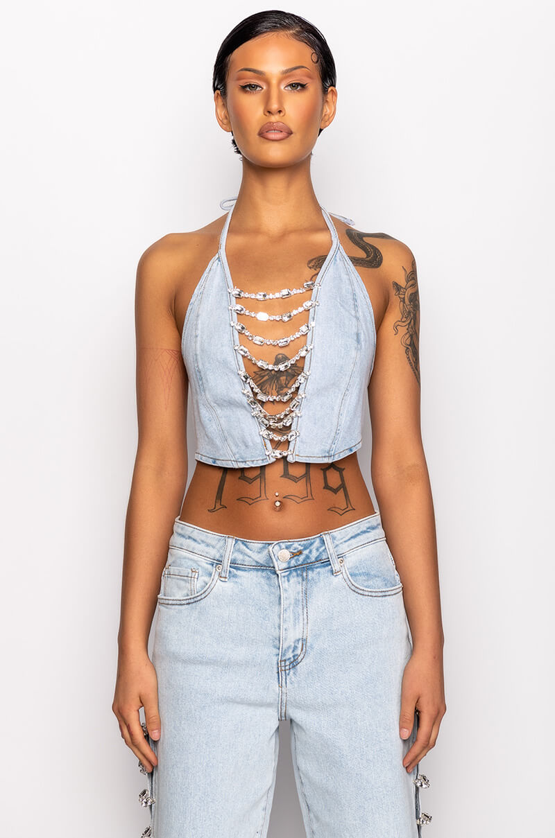 Extra View Covered In Diamonds Denim Plunge Crop Top 5