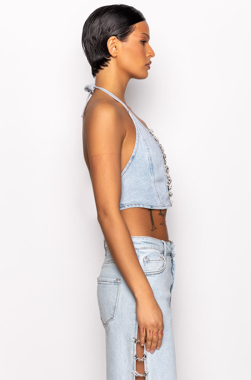 Extra View Covered In Diamonds Denim Plunge Crop Top 6