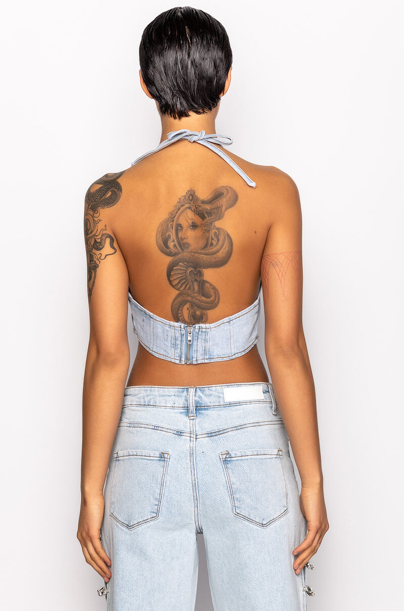 Extra View Covered In Diamonds Denim Plunge Crop Top 7