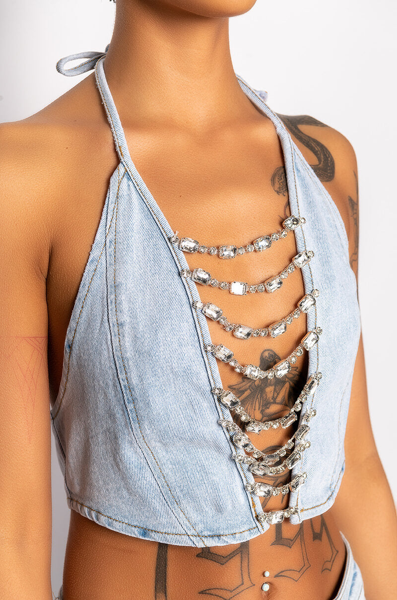 Extra View Covered In Diamonds Denim Plunge Crop Top 8