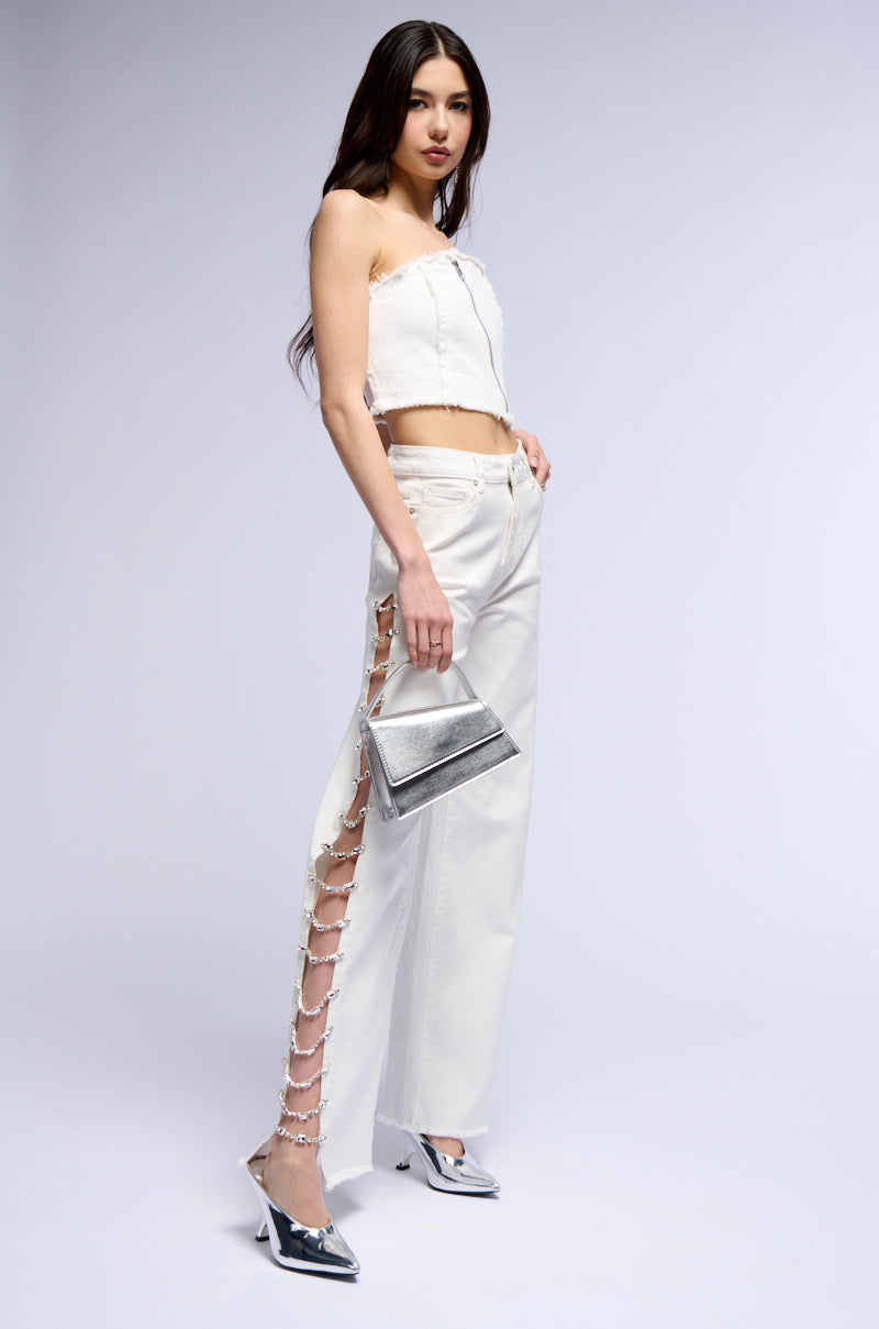 Side View Covered In Diamonds Relaxed Jeans In White