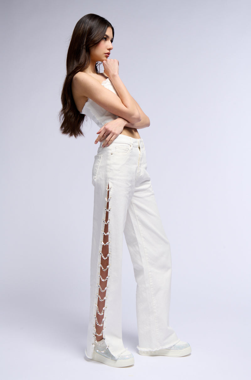 Detail View Covered In Diamonds Relaxed Jeans In White