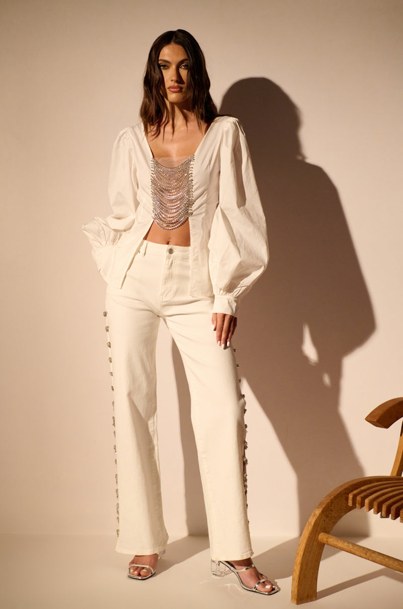 Extra View Covered In Diamonds Relaxed Jeans In White